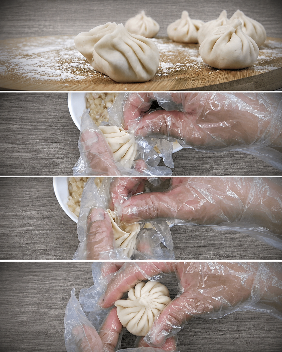 Collage: Momo werden von Hand gefaltet – fertige Momo auf einem Holzbrett und Nahaufnahmen der Handarbeit
